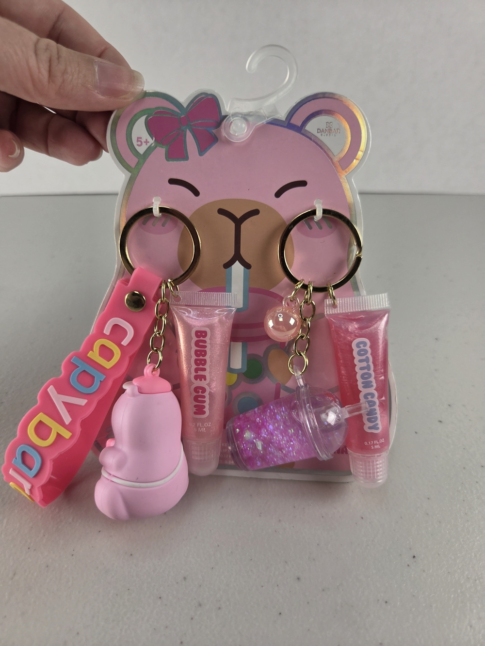 Capybara Pink Kids Keychain Lip Gloss & Charm Set